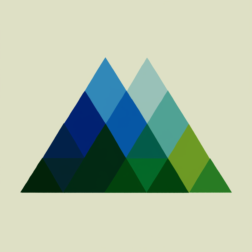 Graphic layout of the Second Mountain concept. Two mountains side by side made of blue and green triangles stacked to create two mountains.