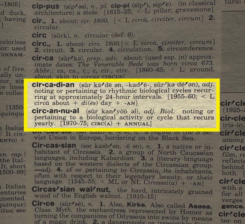 Circannular definition in Random House Dictionary. Biology. noting or pertaining to a biological activity or cycle that recurs yearly. 