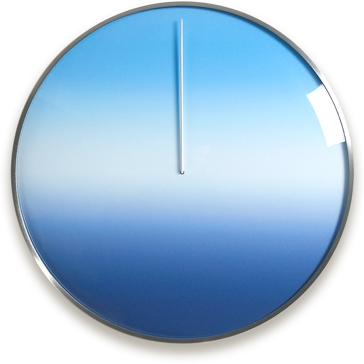 A wall-mounted analog day clock with a blue face, steel frame, and a single silver hour hand.