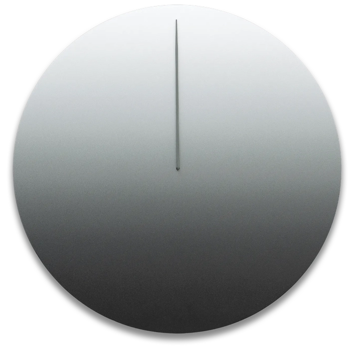 A minimalist lunar wall clock with a single hand, predominantly in a matte silver color with a sleek, modern design.