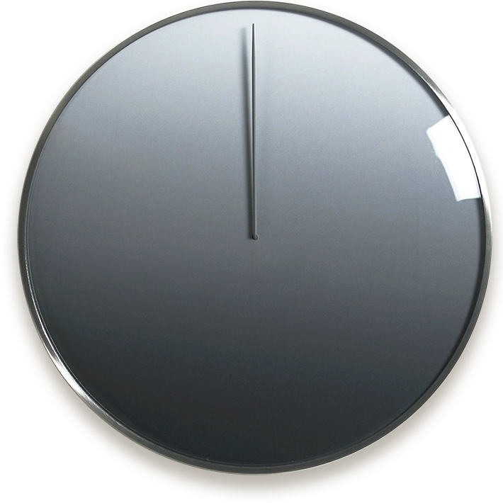 A minimalist Moon wall clock with a gray body, featuring a single hand and a simple, elegant design.
