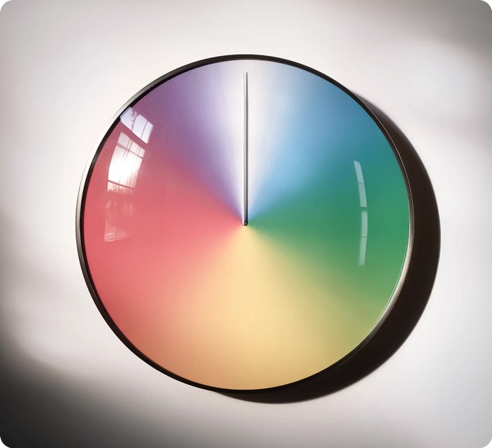 The Present annual wall clock by Scott Thrift, featuring a circular face with a seasonal color spectrum gradient and a single hand that moves once per year. Photographed against a white wall in a late afternoon of 2013 Brooklyn, NY.