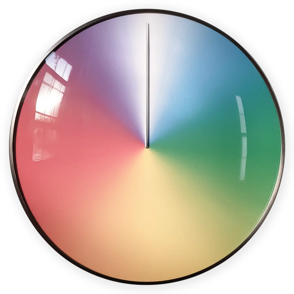 The Present annual wall clock by Scott Thrift, featuring a circular face with a seasonal color spectrum gradient and a single hand that moves once per year. Circle cropped.